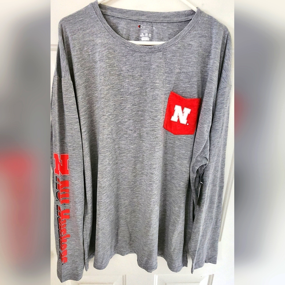 Champion Long Sleeve T-Shirt, 2XL, Grey/Red